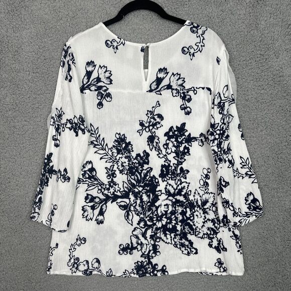 VTG  America Blues White Blue Floral Blouse XL Crinkle Texture Boho Tunic Top - Picture 8 of 12